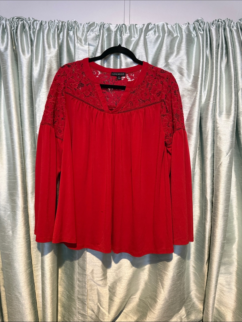 Lane Bryant Red Lace Yoke Long-Sleeve Top